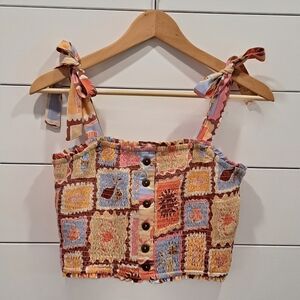 NWT Patrons Of Peace Patchwork Tie-Strap Smocked Coastal Nautical Crop Top M